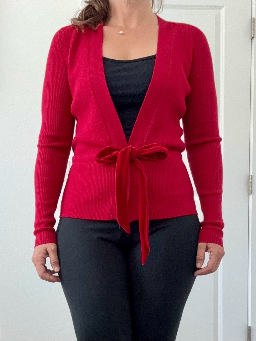 Sarah Spencer Italian Merino Wool Wrap Cardigan Red Velvet Tie
